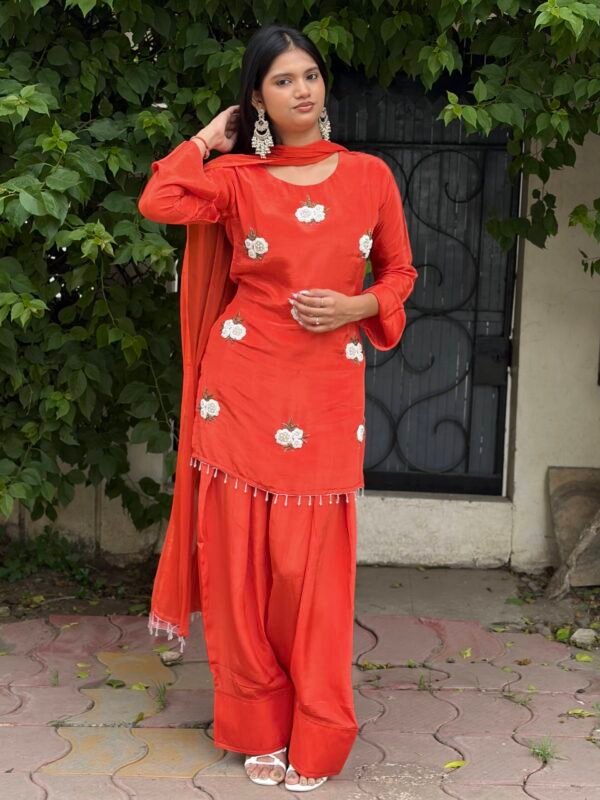 Sufi Rust Embroidered Farshi Salwar Suit