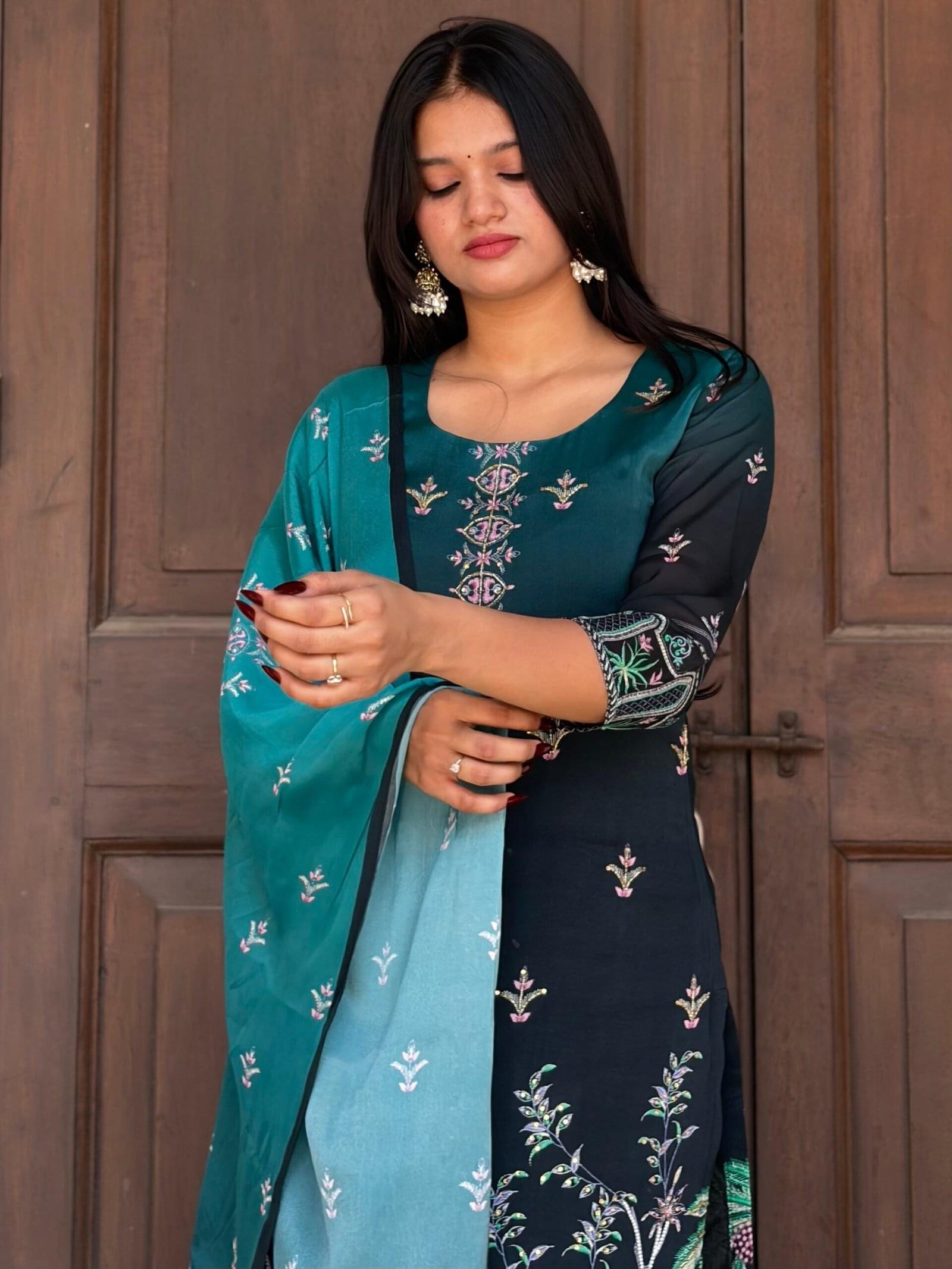 Arohi Embroidered Pakistani Suit Set - Dark teal straight kurta with multicolor floral embroidery, teal ombre dupatta, ethnic wear for women | Amodra
